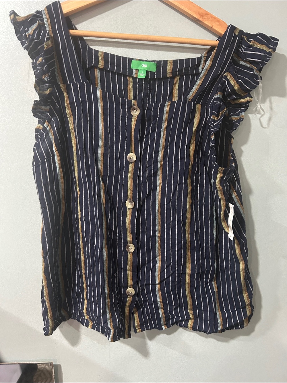 dip Navy Stripe Ruffle Sleeve Button-Front Blouse with Gold Accents